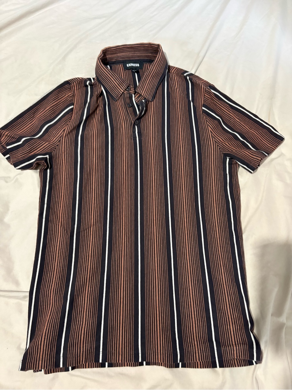 Express Men’s Brown, Black & White Vertical Stripe Polo